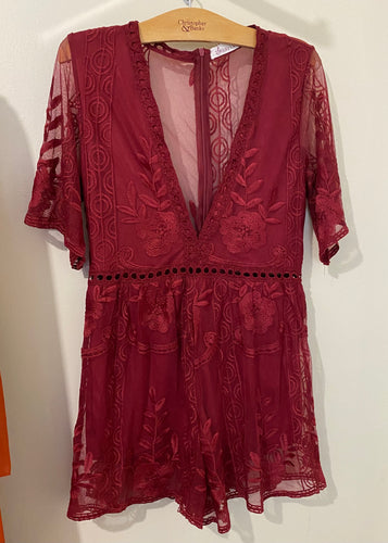 LYNN100-M V-Neck Burgundy Lace Romper. Size Large