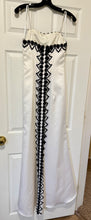 Load image into Gallery viewer, LUND100-A White Satin Gown, Black Detail. Size 6