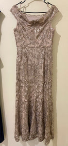 ZAFF100-F Taupe Appliqué Gown. Size 8
