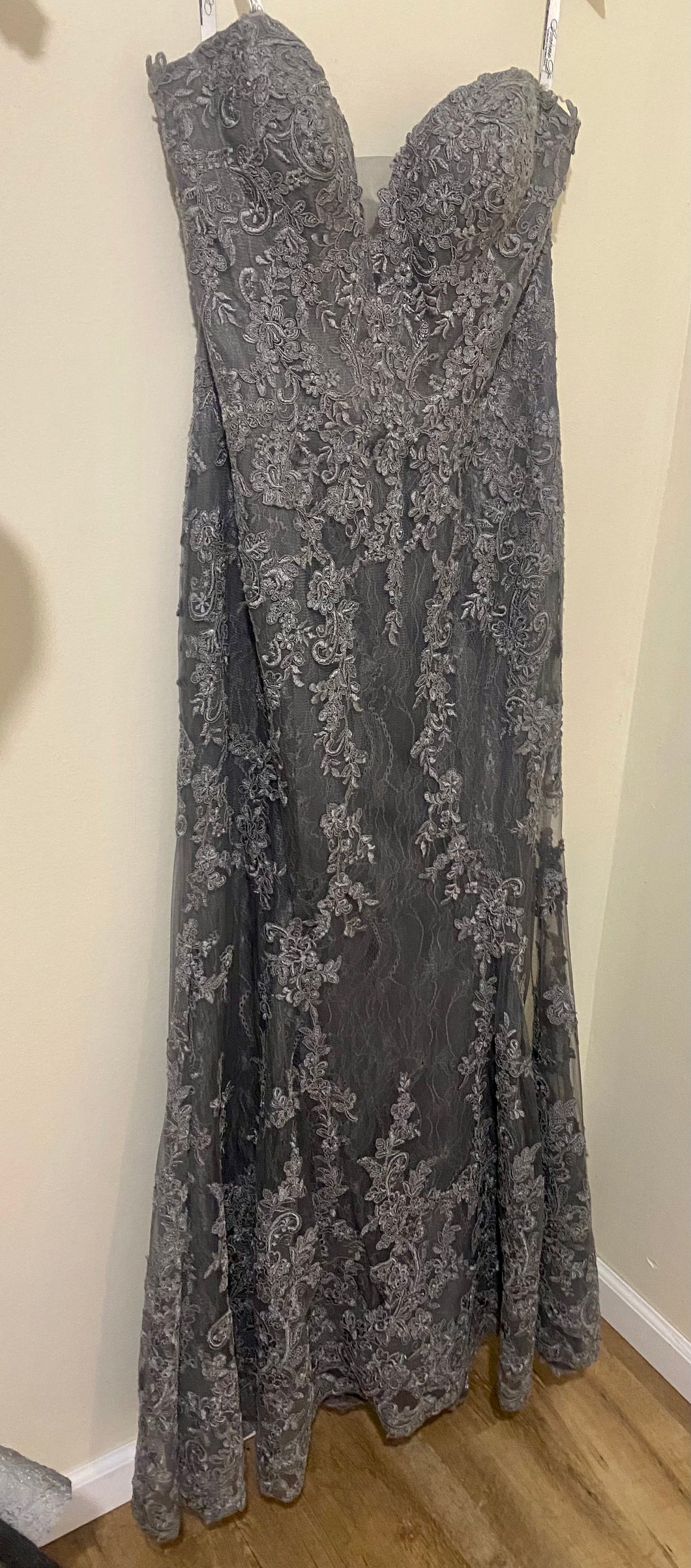 GOWN100-B Charcoal Grey, Lace Appliqués. Size 18 New