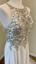 Load image into Gallery viewer, DURA100-A Ivory Plunge, High Neck Beaded Gown. Size 8