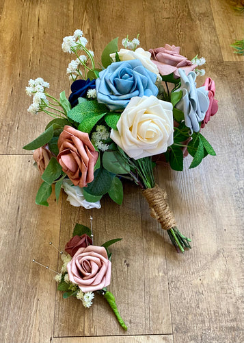 BAKE200-F Mauve & Blue Bouquet + Boutonnière