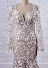 Load image into Gallery viewer, LEME100-C Ivory Nude Gown with Lace Sleeves. Size 10