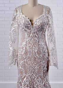 LEME100-C Ivory Nude Gown with Lace Sleeves. Size 10