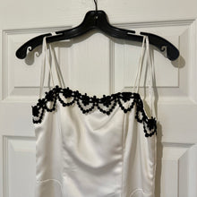Load image into Gallery viewer, LUND100-A White Satin Gown, Black Detail. Size 6
