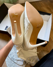 Load image into Gallery viewer, THOMPSON-B Silver Rhinestone, Calf-High Stiletto Boots. Size 9