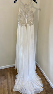 DURA100-A Ivory Plunge, High Neck Beaded Gown. Size 8