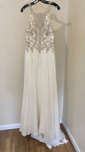 DURA100-A Ivory Plunge, High Neck Beaded Gown. Size 8