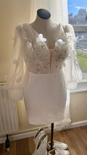 SMEG100-CK Short White Dress, Sheer Sleeves. Size L/XL