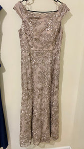 ZAFF100-F Taupe Appliqué Gown. Size 8