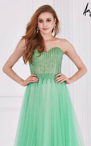 MCCR100-A Strapless Green Gown. Size 2