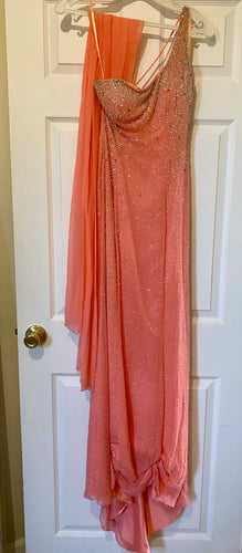 CLAP100-D One-Shoulder Coral Gown. Size 2