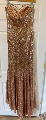 SCLE100-D Strapless, Gold Sequin Gown. Size 4/6