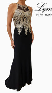 MCCR100-B Black & Gold Mermaid Gown. Size 4