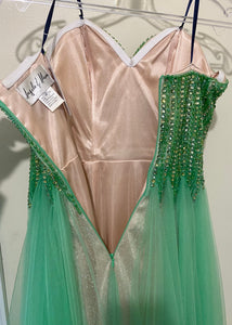 MCCR100-A Strapless Green Gown. Size 2