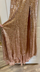 SCLE100-D Strapless, Gold Sequin Gown. Size 4/6