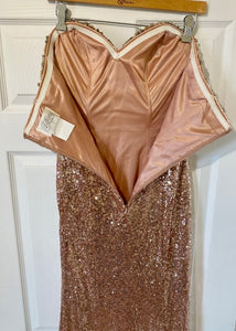 SCLE100-D Strapless, Gold Sequin Gown. Size 4/6