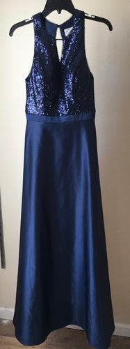 KRUG100-F  Christina Wu Navy Satin With Sequin Top, Size S