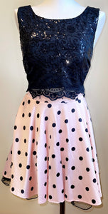 WACH100-G  Black Sequin and Pink Polka Dot 2pc Dress, Size 16/18