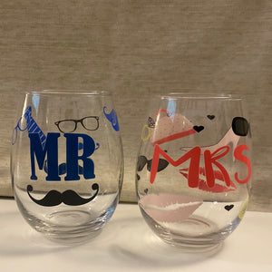 RAKE100-F Mr & Mrs Stemless Wine Glasses