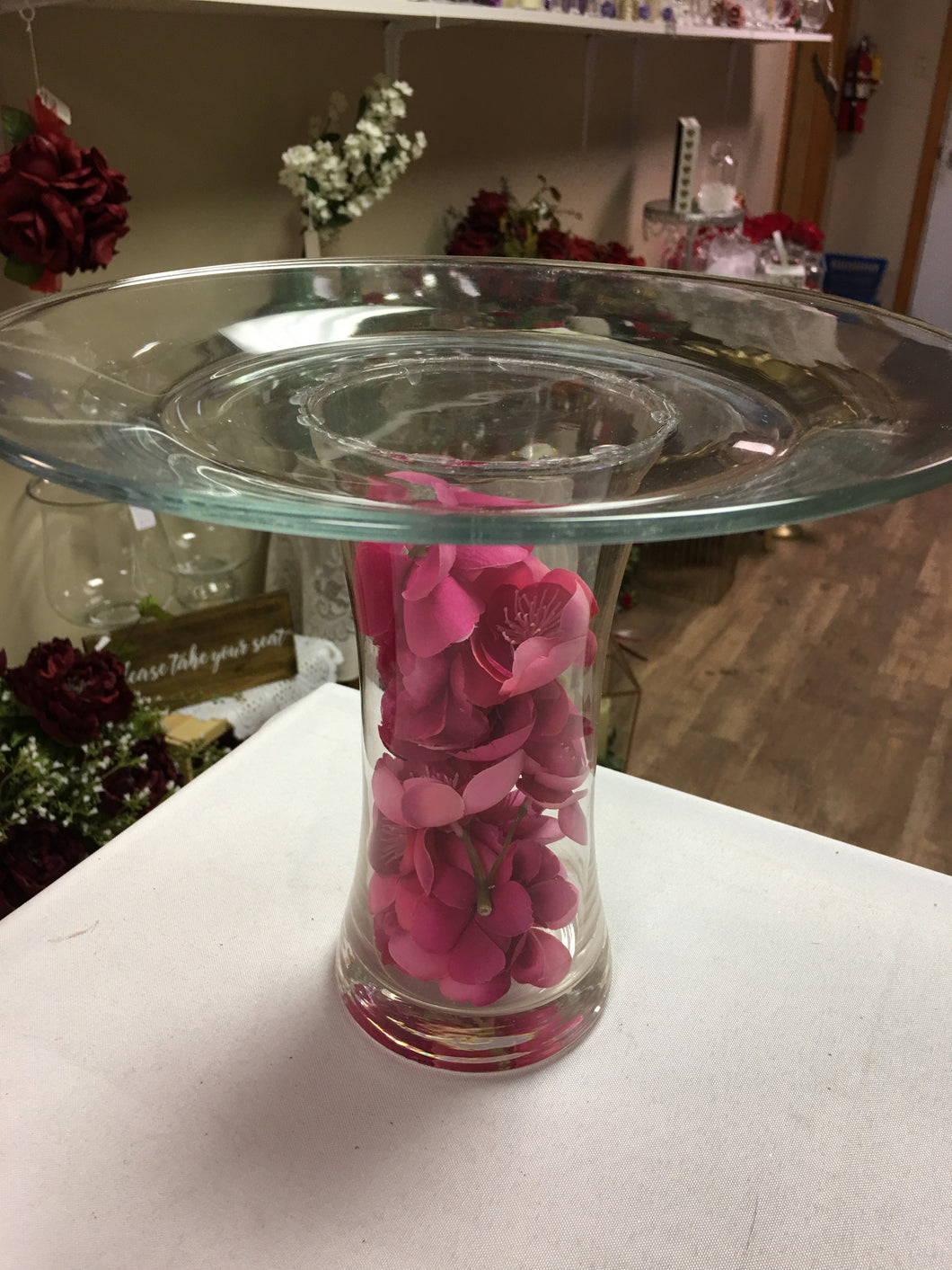 KIRS300-F Glass Pedestal Server with Dark Pink Flowers
