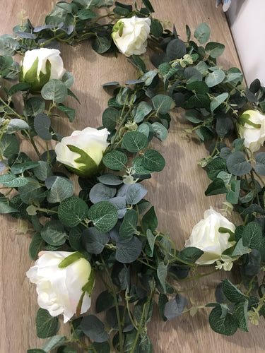 YONN100-A 6ft Eucalyptus & White Rose Garland, NEW