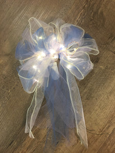 VAUG100-X.  Pew Bows, Ivory Ribbon with Blue and Purple Tulle and Fairy Lughts