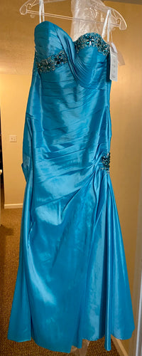 GOWN100-Y Strapless Turquoise Gown. Size 10