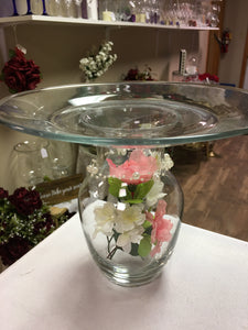 KIRS300-D. Glass Pedestal Server with Pink Flowers and Pearls