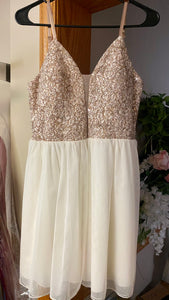 CHAR100-O White & Gold Short Dress. Size 7