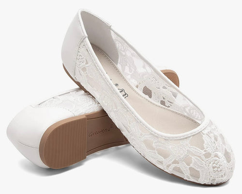SHAF100-P White Lace Flats. Size 10
