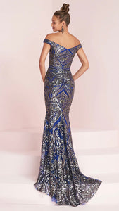 THRO100-G Blue & Grey Sequins Gown. Size 2