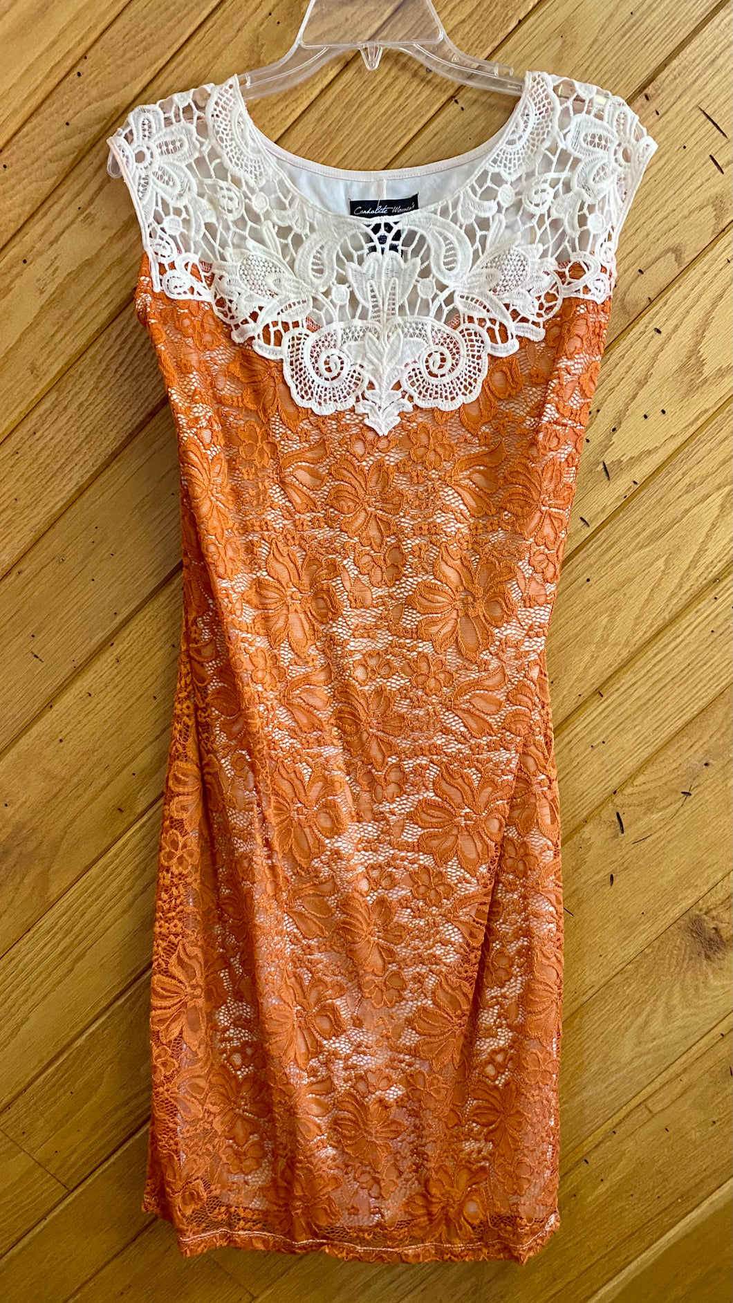 BILL100-D Short Orange Lace Dress. Size 16/18