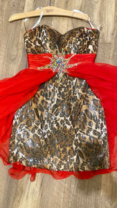 ELLA100-D Red Cheetah Gown. Size 2/4