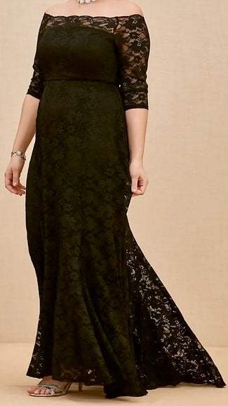 VAUG200-A Black Lace Off the Shoulder Gown. Size 26