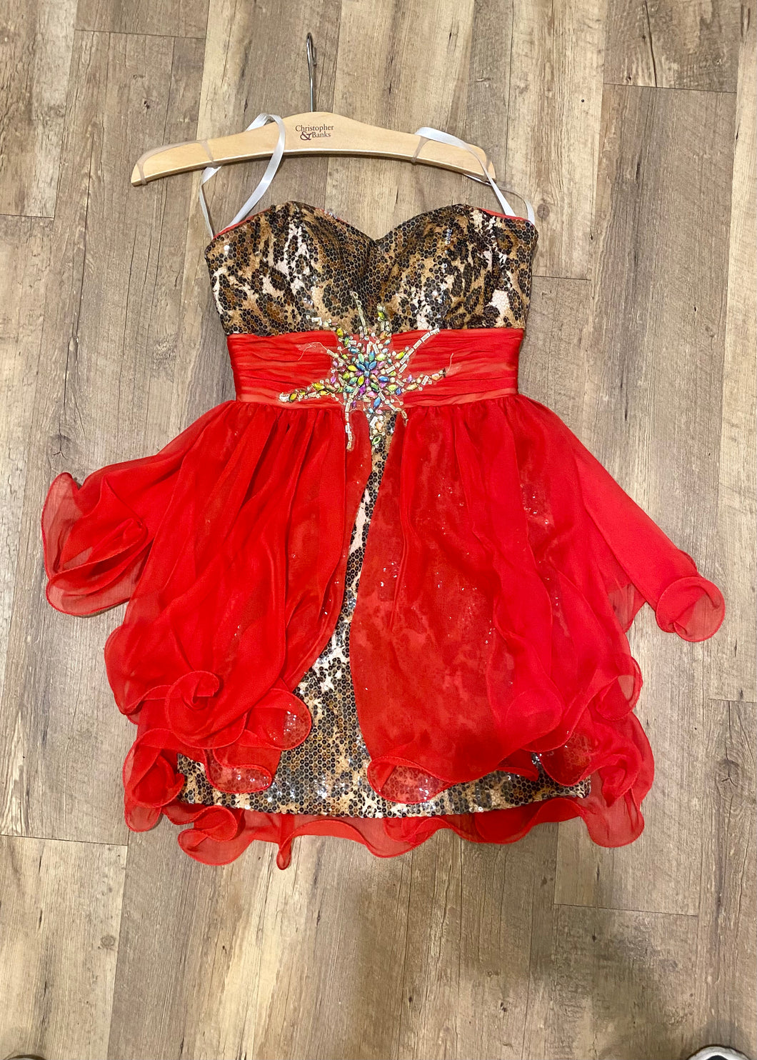 ELLA100-D Red Cheetah Gown. Size 2/4