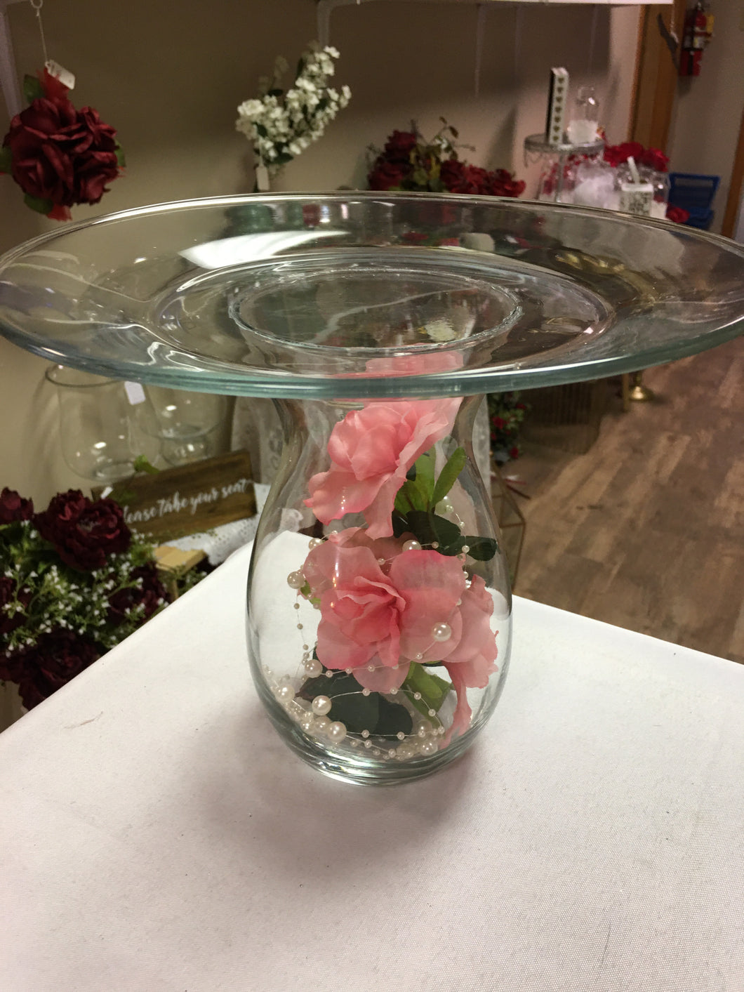 KIRS300-C. Glass Pedestal Server with Pink Flowers and Pearls