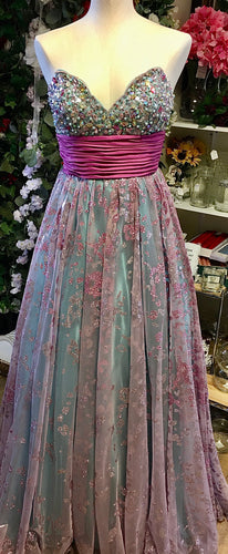 THRO100-A Blue and Pink Strapless Ball Gown, Size 6