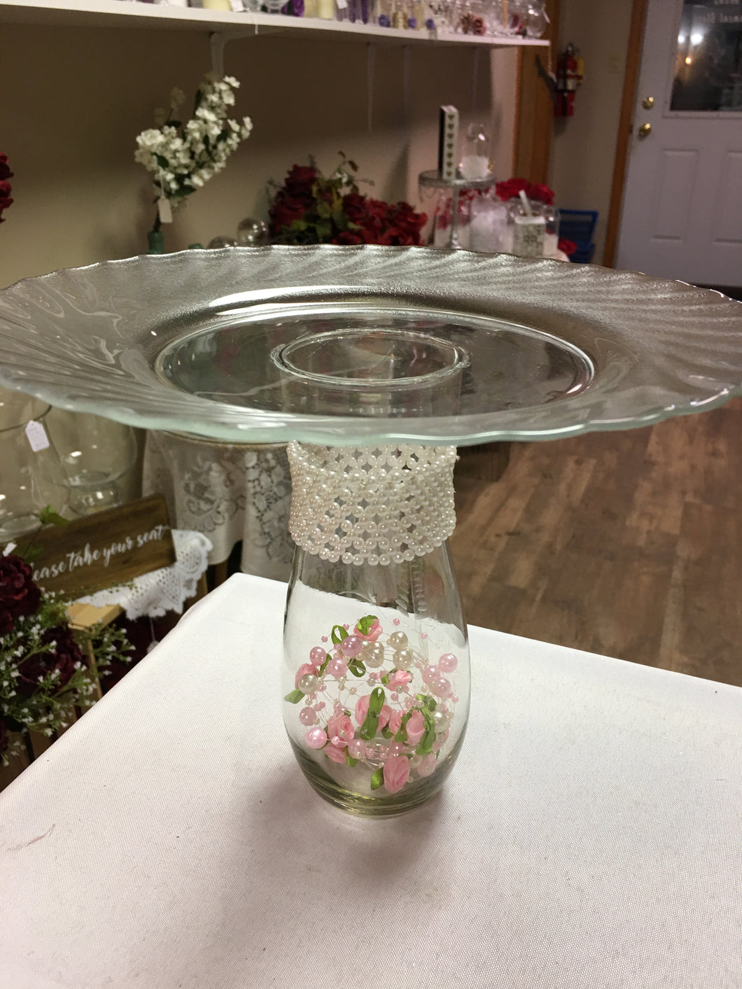 KIRS300-E  Glass Pedestal Server with Mini Pink Flowers and Pearls